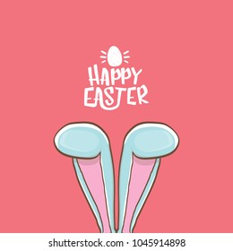 easter bunny with calligraphic text happy easter isolated on pink background. vector easter greeting card with blue rabbits ears