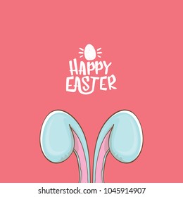 easter bunny with calligraphic text happy easter isolated on pink background. vector easter greeting card with blue rabbits ears