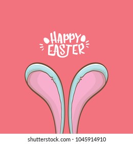 easter bunny with calligraphic text happy easter isolated on pink background. vector easter greeting card with blue rabbits ears