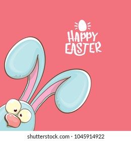 easter bunny with calligraphic text happy easter isolated on pink background. vector easter greeting card with blue rabbits ears