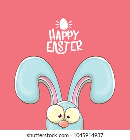 easter bunny with calligraphic text happy easter isolated on pink background. vector easter greeting card with blue rabbits ears