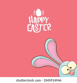 easter bunny with calligraphic text happy easter isolated on pink background. vector easter greeting card with blue rabbits ears