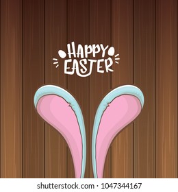 easter bunny with calligraphic text happy easter isolated on wooned background. vector easter greeting card with blue rabbits ears