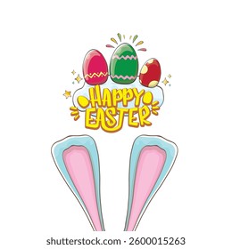 Easter bunny with calligraphic text happy easter isolated on white background. Vector cartoon Happy Easter greeting card and banner with blue rabbits ears