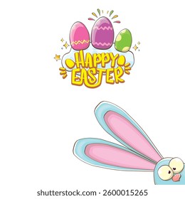Easter bunny with calligraphic text happy easter isolated on white background. Vector cartoon Happy Easter greeting card and banner with blue rabbits ears