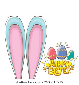 Easter bunny with calligraphic text happy easter isolated on white background. Vector cartoon Happy Easter greeting card and banner with blue rabbits ears