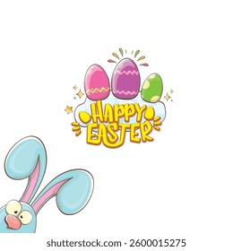 Easter bunny with calligraphic text happy easter isolated on white background. Vector cartoon Happy Easter greeting card and banner with blue rabbits ears