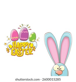 Easter bunny with calligraphic text happy easter isolated on white background. Vector cartoon Happy Easter greeting card and banner with blue rabbits ears