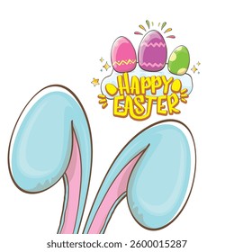 Easter bunny with calligraphic text happy easter isolated on white background. Vector cartoon Happy Easter greeting card and banner with blue rabbits ears