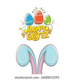 Easter bunny with calligraphic text happy easter isolated on white background. Vector cartoon Happy Easter greeting card and banner with blue rabbits ears