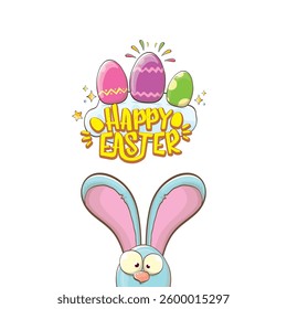 Easter bunny with calligraphic text happy easter isolated on white background. Vector cartoon Happy Easter greeting card and banner with blue rabbits ears