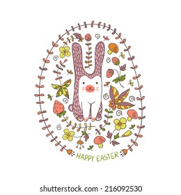 Easter bunny card with cute hand drawn flowers
