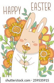 Easter bunny card with cute hand drawn flowers