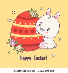 Easter bunny card. Cute rabbit character with big Easter egg. Funny kawaii animal. Vector illustration. Kids collection.