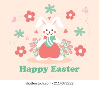 Easter bunny card. Hare with flowers, religious and traditional holidays. Easter design for greeting cards and banners. Picture for printing on childrens clothing. Cartoon flat vector illustration