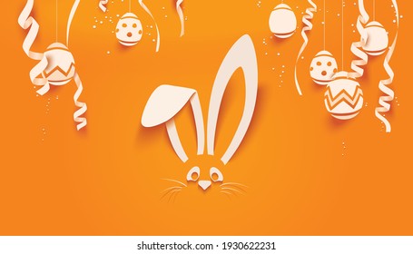 Easter Bunny card in paper cut style and eggs   confetti for seasonal Easter holidays greetings   invitations cards  vector illustration