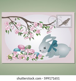 Easter Bunny card with a pile of colored eggs and a tree branch, spring flowers and leaves, vintage dated retro postcard with a bird mark and two postmarks, postal markings, simple ester buny drawing