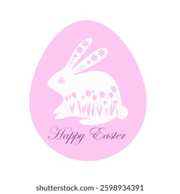Easter bunny card. Rabbit silhouette decorated with flowers in an egg-shaped frame. Vector illustration in pink tones