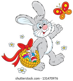 Easter Bunny carries a basket of colorful eggs