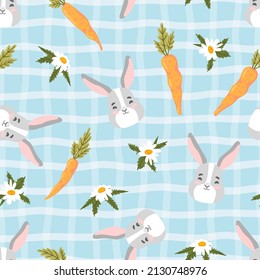 Easter bunny, carrot, chamomile vector seamless pattern. Rabbit, vegetable, flower, holiday texture. Spring background.
