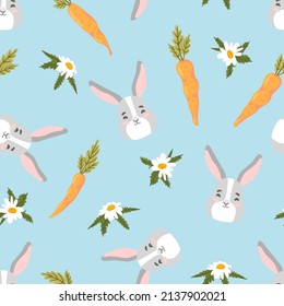 Easter bunny, carrot, chamomile vector seamless pattern. Rabbit, vegetable, flower, holiday texture. Spring background.