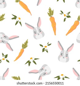 Easter bunny, carrot, chamomile vector seamless pattern. Rabbit, vegetable, flower, holiday texture. Spring background.