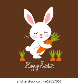 Easter bunny with carrot, Easter greeting card, vector illustration