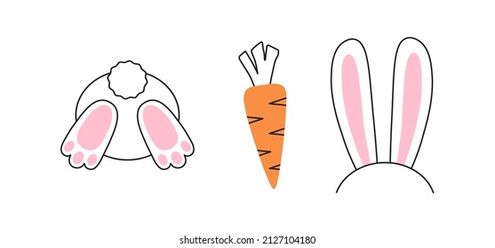 Easter bunny and carrot, rabbit headband line icon. Symbols New Year 2023 isolated on white background. Cartoon vector illustration