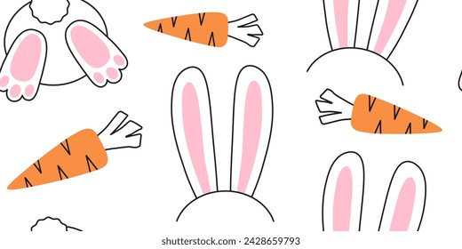 Conejito de Pascua y patrón sin fisuras de zanahoria, orejas de conejo y fondo de trasero. Lindo elemento animal de línea. Ilustración vectorial de dibujos animados