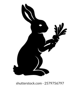 Easter Bunny with carrot. Vector black silhouette. Cute animal character. For paper, wood, sublimation cutting. Holiday symbol. Isolated on white background.