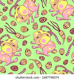 Abundancia de Pascua, zanahorias y huevos sin fisuras. Dibujo artístico de líneas coloreadas vectoriales. Excelente para saludos de Pascua, embalajes y textiles.