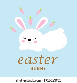 easter bunny with carrots isolated on blue background vector illustration, cute cartoon animal