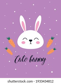 easter bunny with carrots isolated on purple background, vector illustration, cute cartoon rabbit