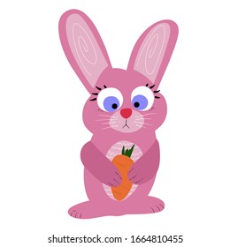 Abundancia de Pascua con zanahorias, postales, conejito lindo y verduras dulces. Ilustración vectorial plana coloreada. Un conejito con orejas grandes.