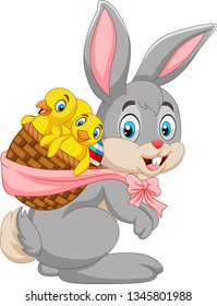 Easter Bunny carrying basket of baby chicks
