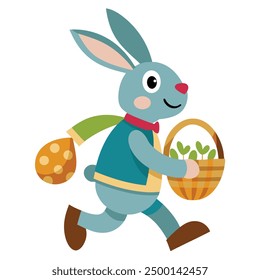 Conejo de Pascua que lleva la cesta de la Ilustración vectorial Clipart de dibujos animados Línea de diseño de arte