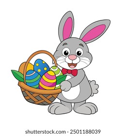 Easter Bunny Carrying Basket Vector Illustration  Cartoon Clipart Line Art Design