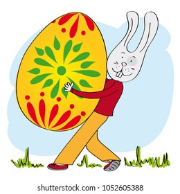 Easter bunny carrying big and heavy easter egg. Funny hand drawn cartoon illustration of easter bunny with decorated egg.