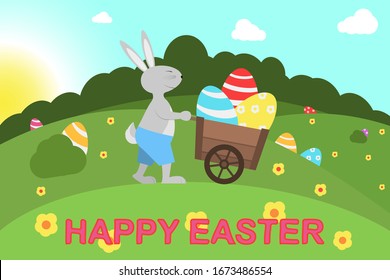 Easter bunny carrying cart with colorful Easter eggs. Easter bunnies and easter eggs in cart. Vector illustration