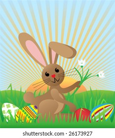 Easter bunny carrying corsage of snowdrops among Easter eggs and grass