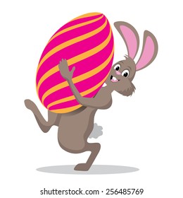 Easter bunny carrying giant egg EPS 10 vector royalty free stock illustration for greeting card, ad, promotion, poster, flier, blog, article, social media