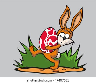 Easter Bunny carrying a heavy egg, funny illustration