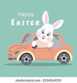 easter bunny car,text happy easter, poster, card