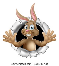 The Easter bunny cartoon character breaking through the background and waving