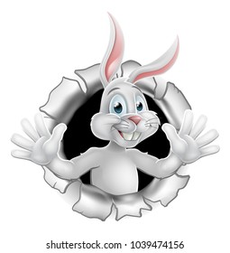 The Easter bunny cartoon character tearing through the background and waving