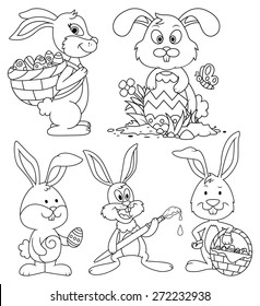 Easter Bunny Cartoon Characters Line Art Set