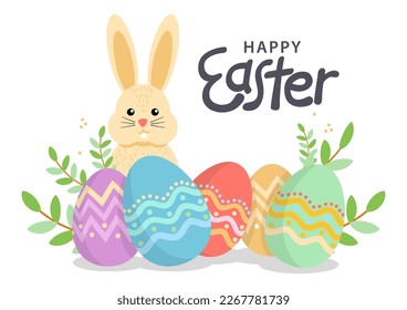 Easter bunny cartoon and eggs in pastel colors, vector illustration