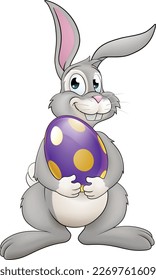 An Easter bunny cartoon rabbit holding a giant Easter egg illustration