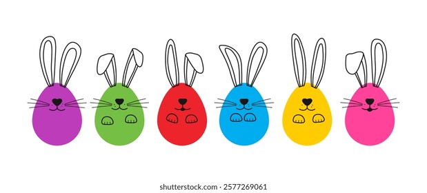 Easter bunny, cartoon rabbit icon, cute eggs animal drawn, spring character egg hunt, holiday funny colorful collection isolated on white background. Vector illustration line and flat design