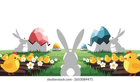 Coelhinho Da Páscoa Celebra A Primavera Com Pintos Fofos Em Meio A Ovos Coloridos Gigantes Em Um Prado